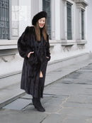 Black mink fur coat with open front slit and matching black fur hat