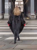 Black mink fur coat, back view with full fur collar and voluminous sleeves