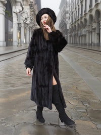 Dark Ranch Black Mink Fur Coat S Classic Design Bonus Mink Hat