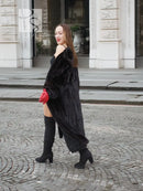 Black mink fur coat with full-length oversized collar and buttonless front
