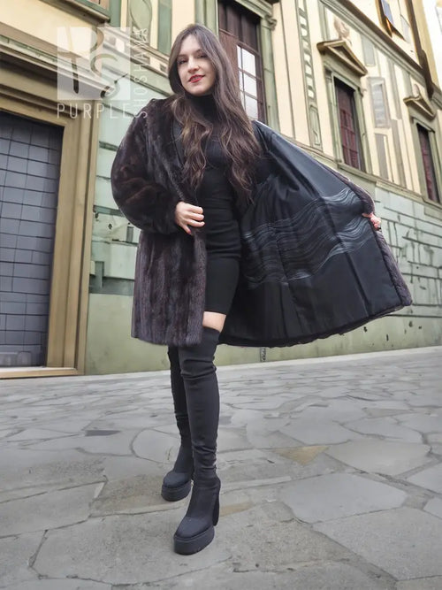 Dark mink fur jacket coat with long sleeves, open front, curved hem, side pockets