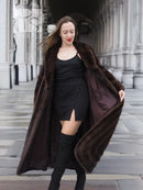 Dark brown mink fur coat with shawl collar, draped open front and long sleeves