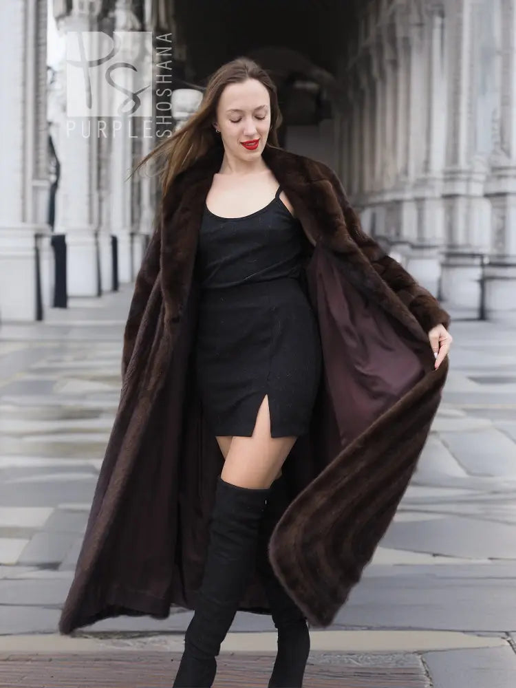 Dark brown mink fur coat with shawl collar, draped open front and long sleeves