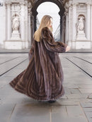 Dark brown mink fur coat with hooded back and long flared hem