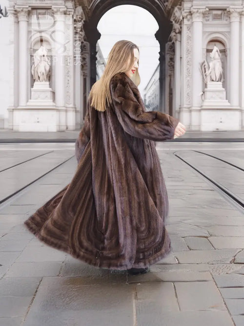 Dark brown mink fur coat with hooded back and long flared hem
