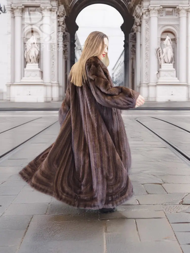 Dark brown mink fur coat with hooded back and long flared hem