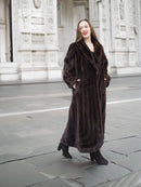Long dark brown mink fur coat with wrap-style front, front full-length view