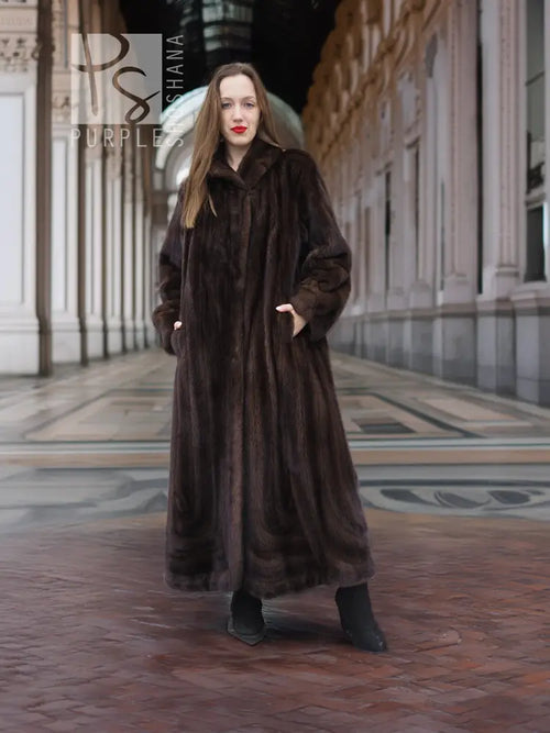 Dark brown mink fur coat with hood, full length front view with buttoned closure