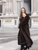 Dark brown mink fur coat with shawl collar and flared hem, long length