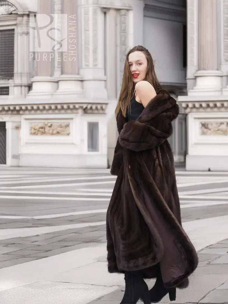 Dark brown mink fur coat with shawl collar and flared hem, long length
