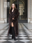 Long dark brown mink fur coat with shawl collar, belted look at waist and open front