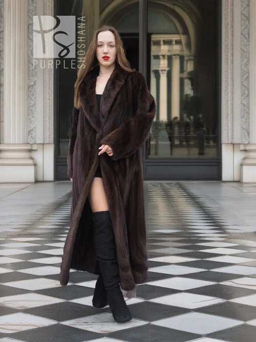 Long dark brown mink fur coat with shawl collar, belted look at waist and open front