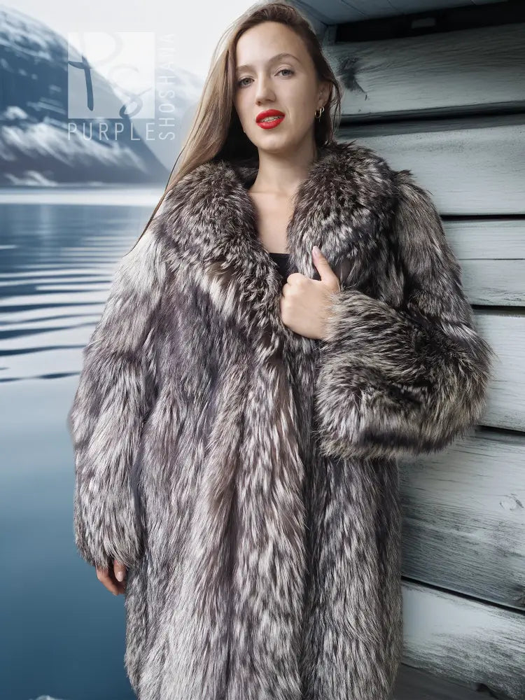 Silver fox fur coat in dark silver-gray with shawl collar and textured plush finish.