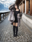 Silver fox fur coat with plush textured sleeves and large stand-up collar
