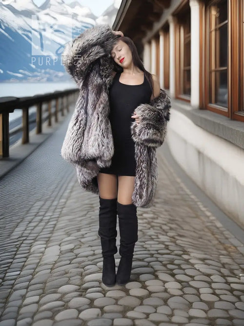 Silver fox fur coat with plush textured sleeves and large stand-up collar