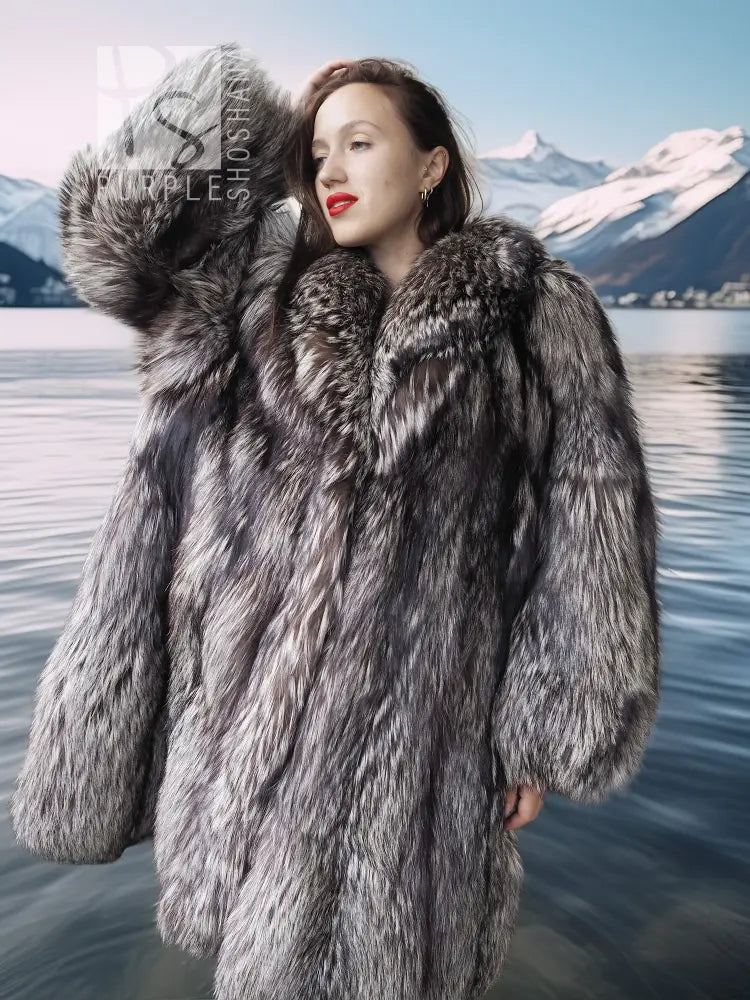 Silver fox fur coat in dark silver-gray, textured full front, oversized fur shoulders.