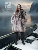 Silver fox fur coat with textured vertical fur panels and wide collar.