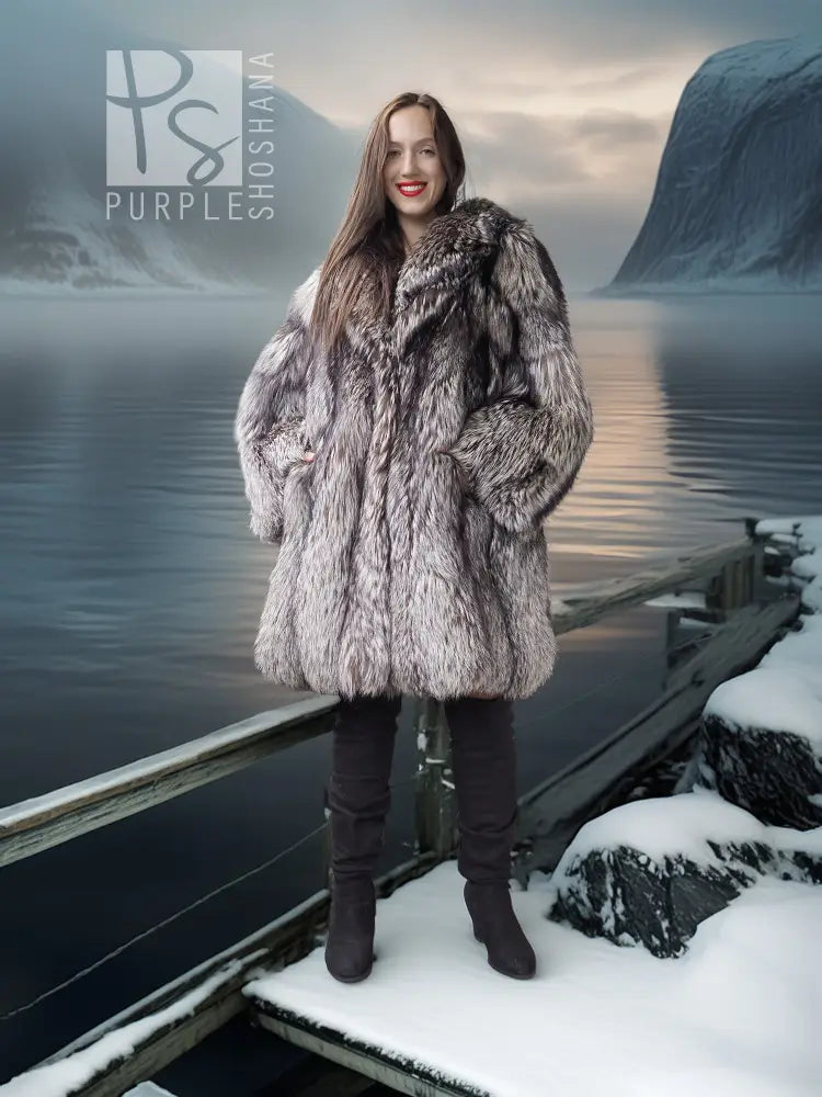 Silver fox fur coat with textured vertical fur panels and wide collar.