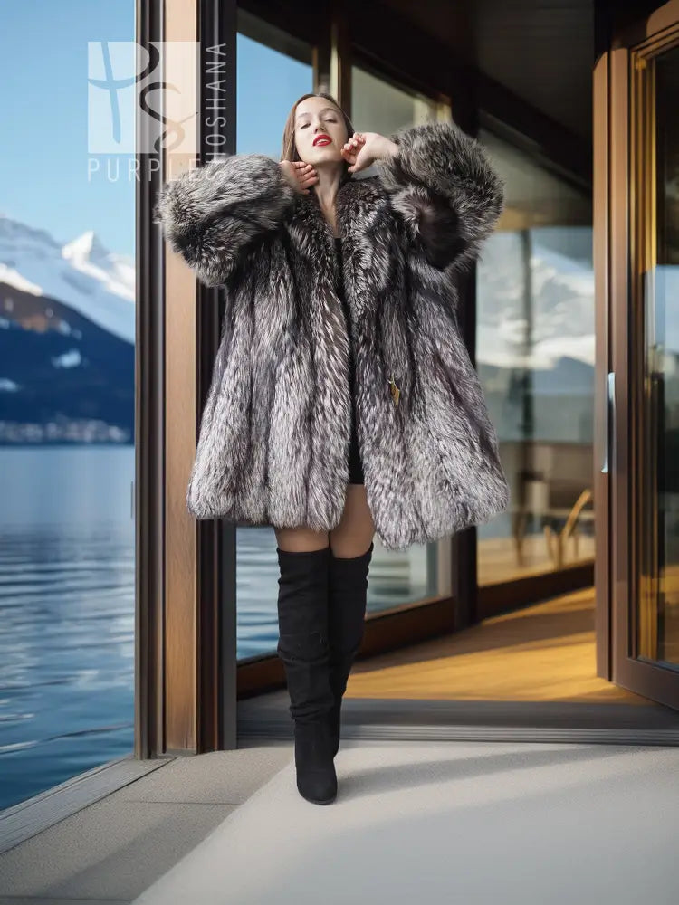 Silver fox fur coat in dark silver-gray with plush fur shoulders and open front.