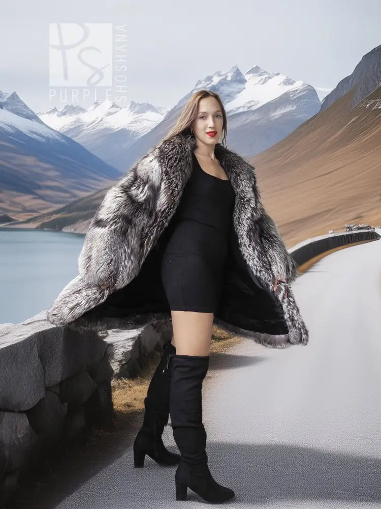 Silver fox fur coat in dark silver-gray with open front and plush long fur sleeves.