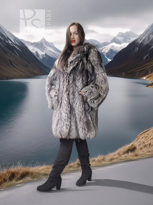 Silver fox fur coat with thick fur texture, wide collar, and mid-thigh length.