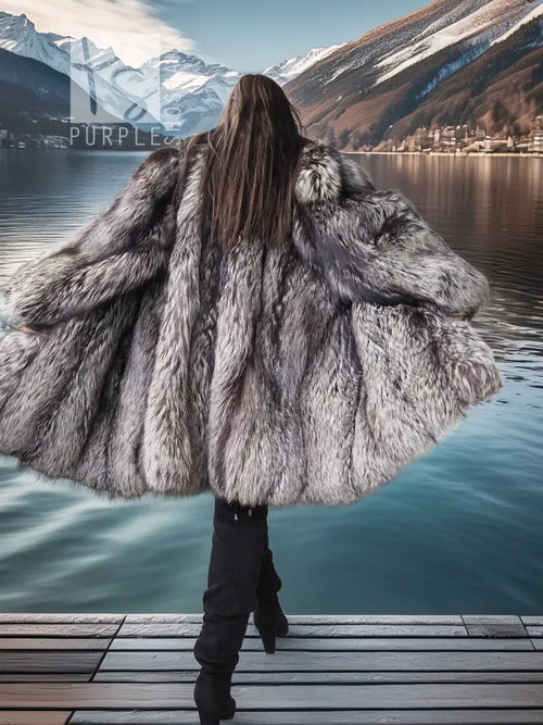 Silver fox fur coat shown from side, thick fur texture and wide collar.
