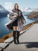 Silver fox fur coat with wide collar, dark gray fur, long sleeves and knee-length hem