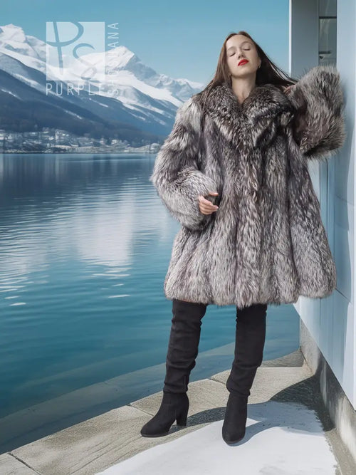 Silver fox fur coat with textured fur pattern and wide collar, long sleeves.