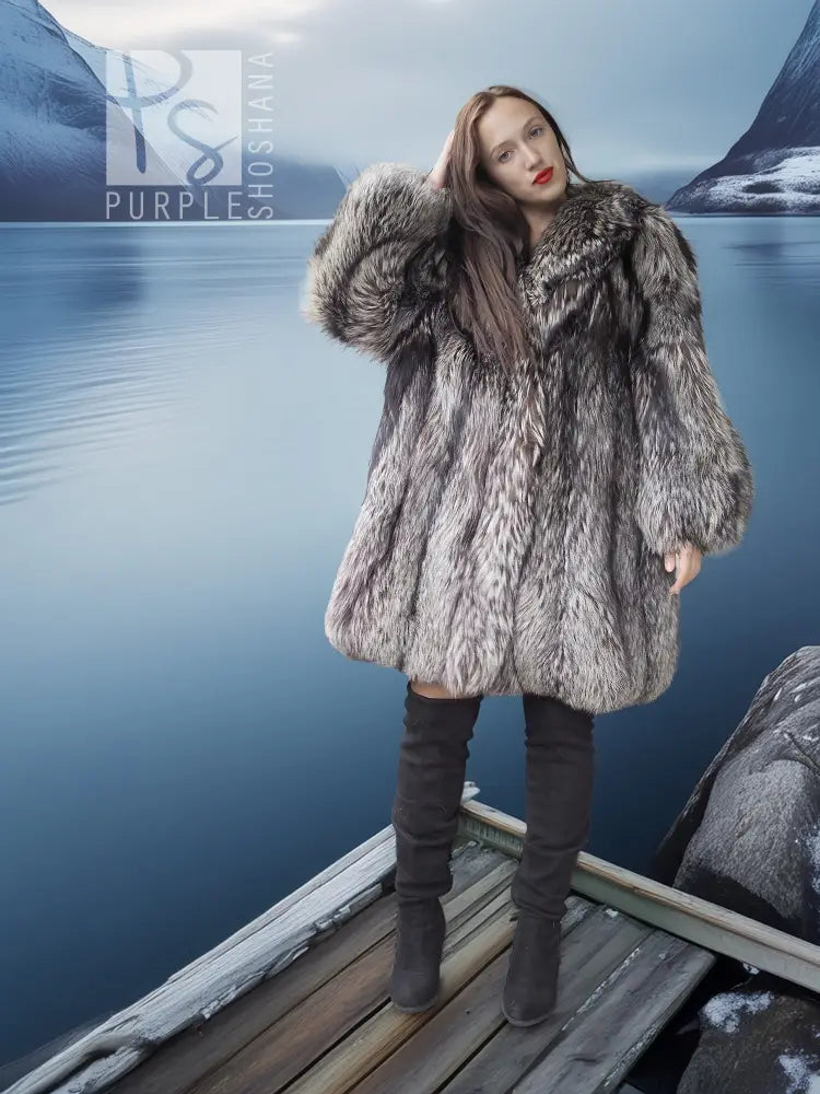 Silver fox fur coat with fluffy fur collar and open front, long sleeves.