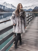Silver fox fur coat with open front and long sleeves, fluffy collar.