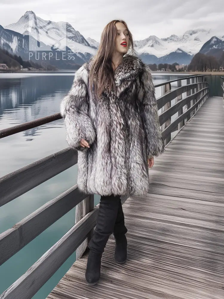 Silver fox fur coat with open front and long sleeves, fluffy collar.