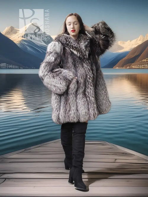 Silver fox fur coat with dramatic fur collar and long sleeves, front buttonless style.