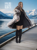 Silver fox fur coat with open front and wide sleeves, knee-length