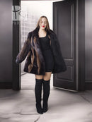 Two-tone mink jacket with herringbone texture and open front, front view