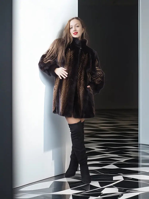 Two-tone mink jacket with herringbone pattern and high collar, full-length front view