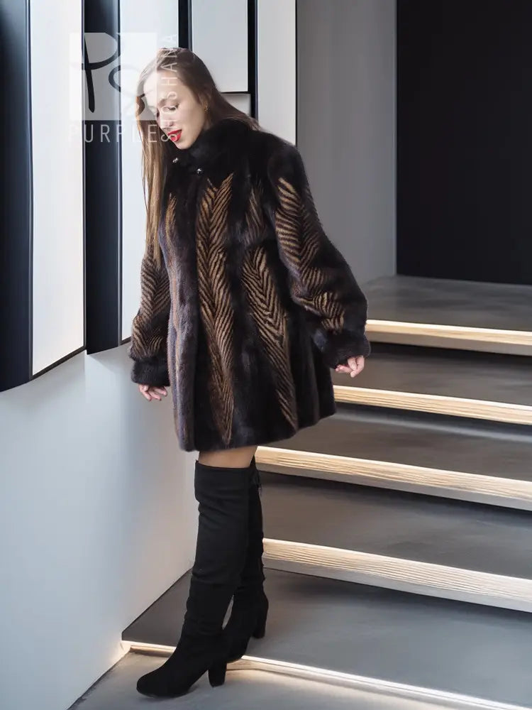 Women's two-tone mink jacket, open short front with tan herringbone stripes on dark fur.