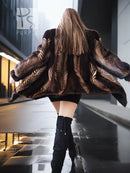 Two-tone mink jacket with herringbone texture and broad collar, back view