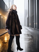 Two-tone mink jacket with herringbone pattern and high collar, side profile