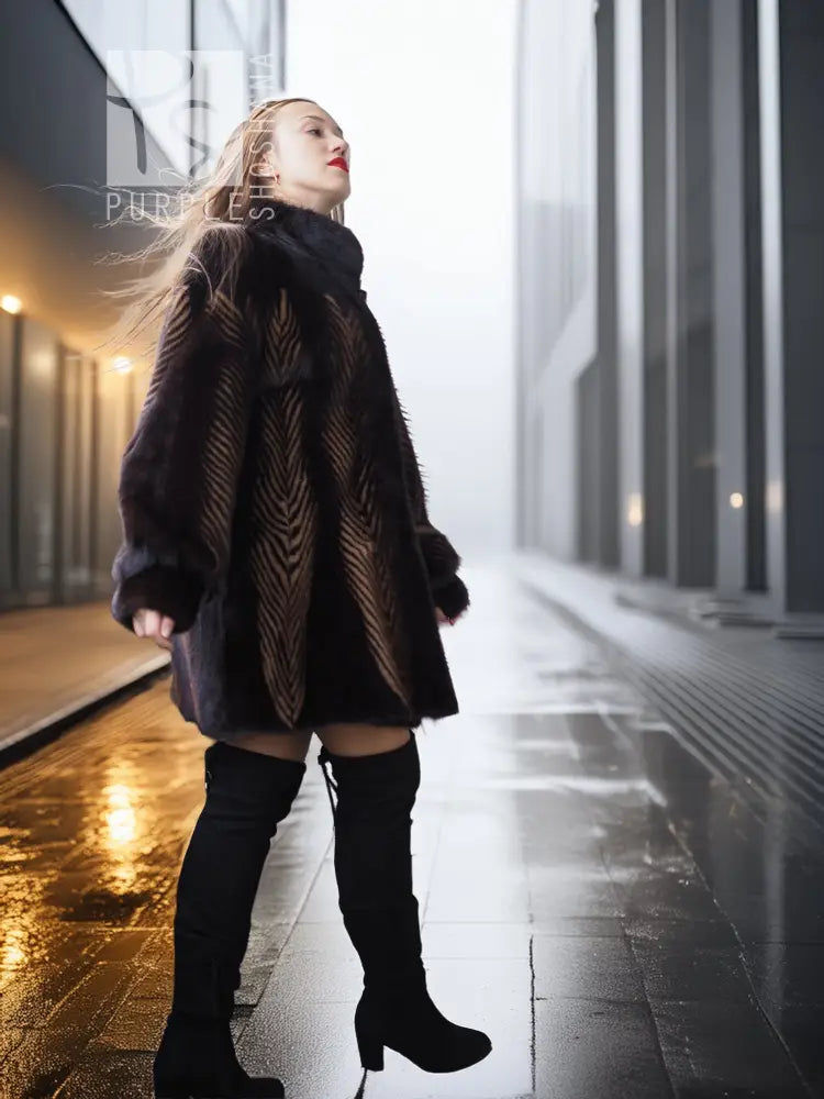 Two-tone mink jacket with herringbone pattern and high collar, side profile