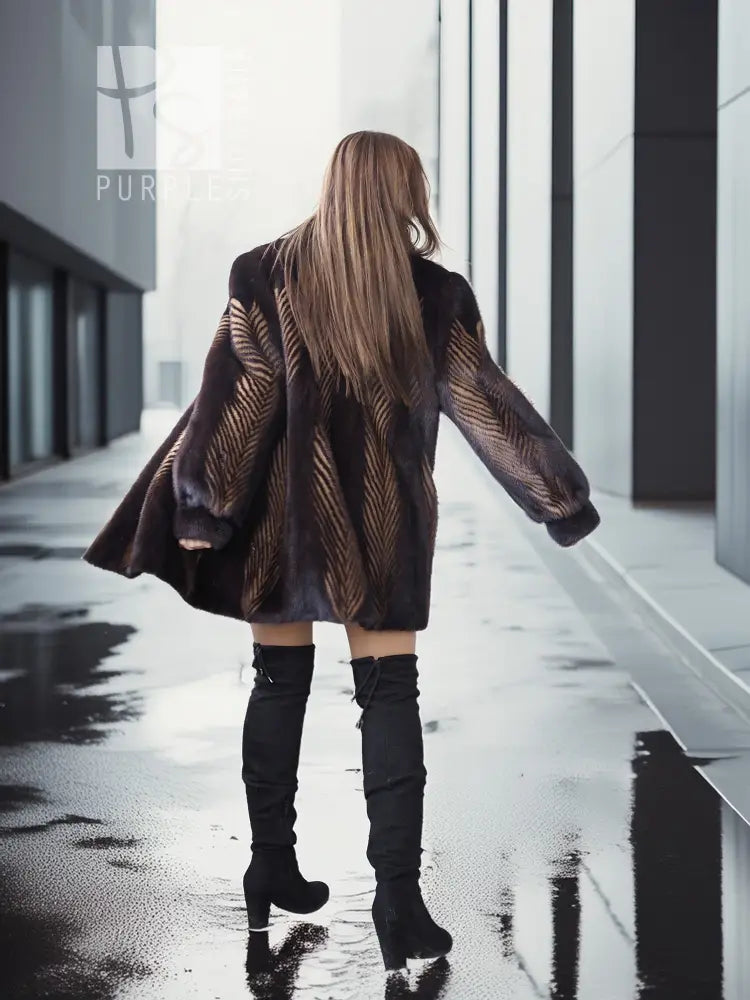 Two-tone mink jacket with herringbone texture, rear view with short hem
