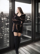 Two-tone mink jacket with herringbone pattern, dark stand collar, long sleeves.