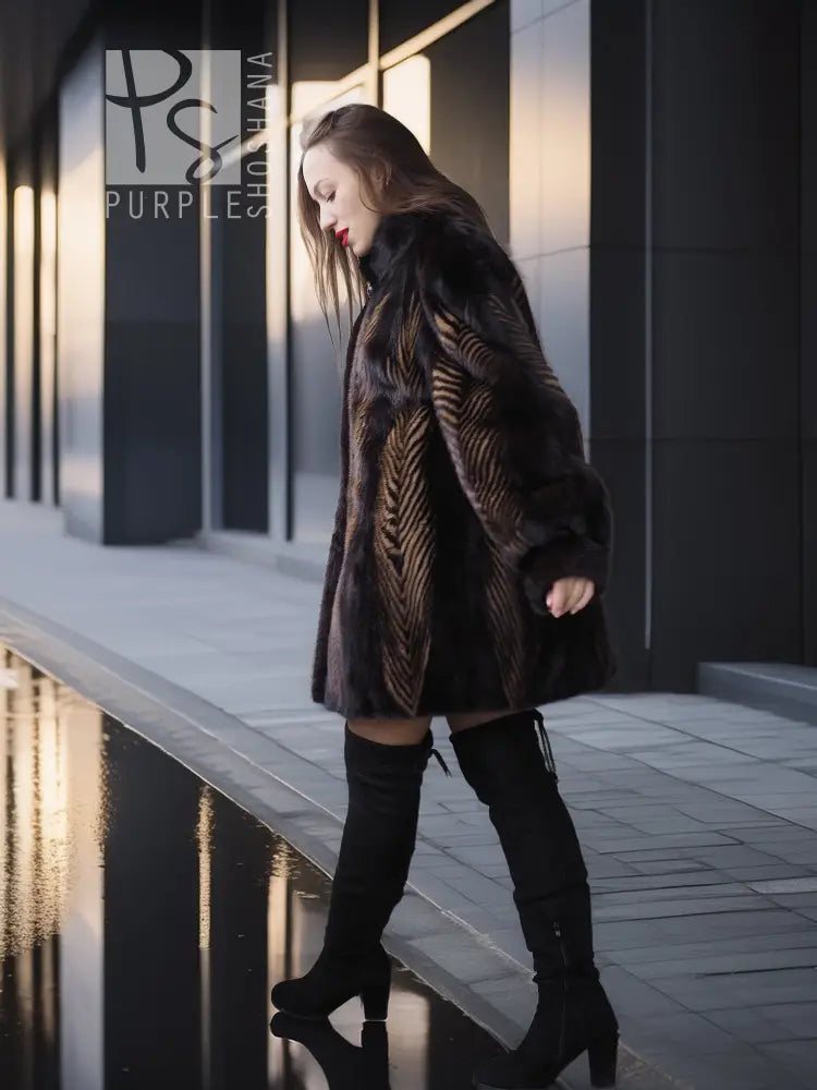 Two-tone mink jacket with herringbone pattern, angled side view near collar