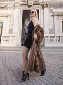 Brown mink fur coat, open front and long sleeves, silk lining at hem