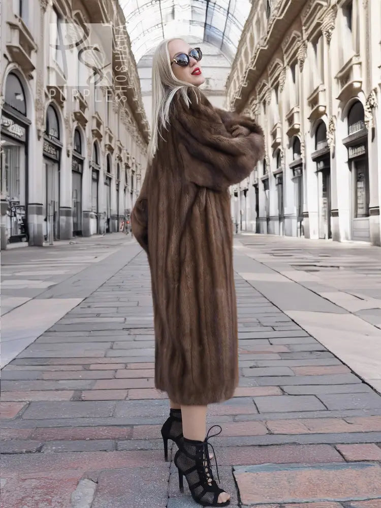 Brown fur mink coat, long length with high collar and button front