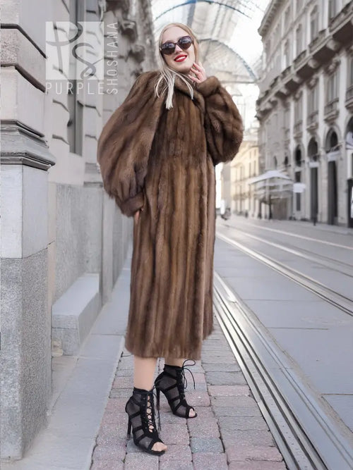 Brown fur mink coat, long length with high collar and button front