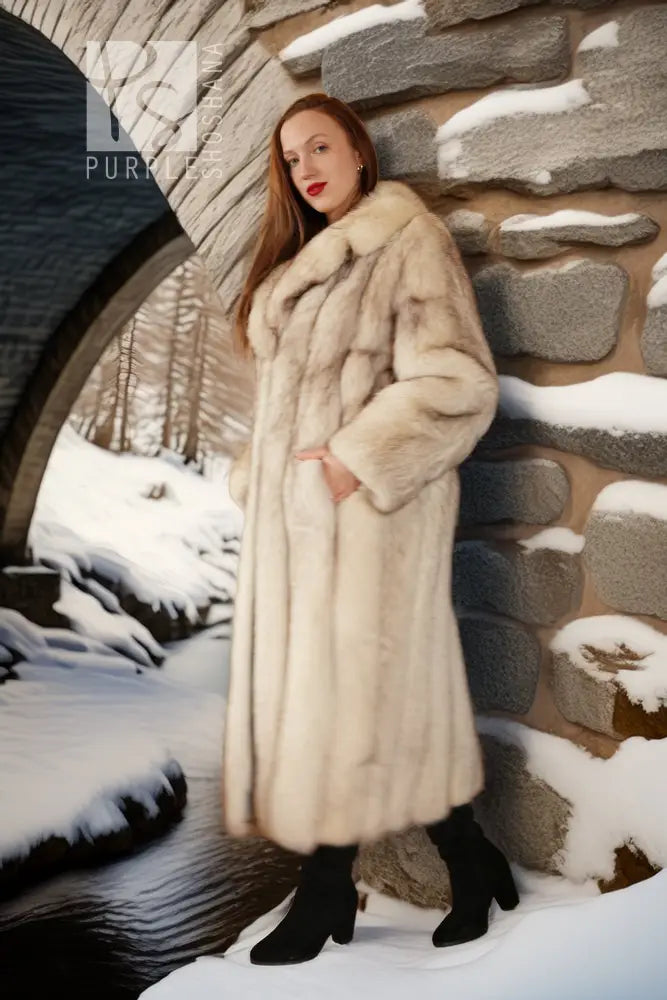 Plush fox fur long coat with wide notch collar, cream tone, standing by stone steps