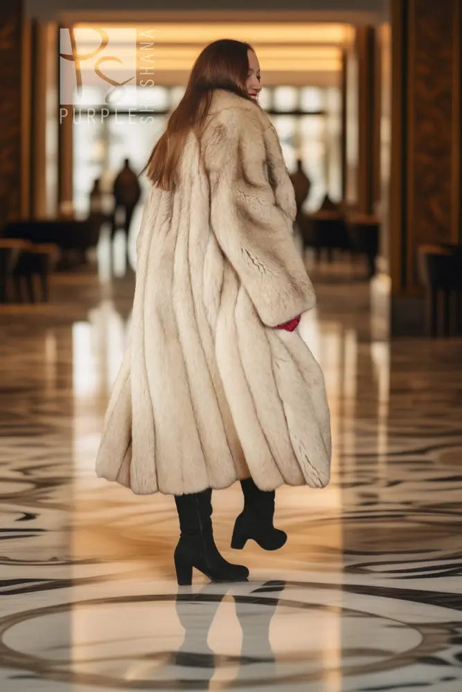 Cream faux-fur full-length coat with notched collar, long sleeves, back view.