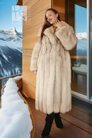 Plush fox fur full-length coat with notch collar, cream tone, standing pose
