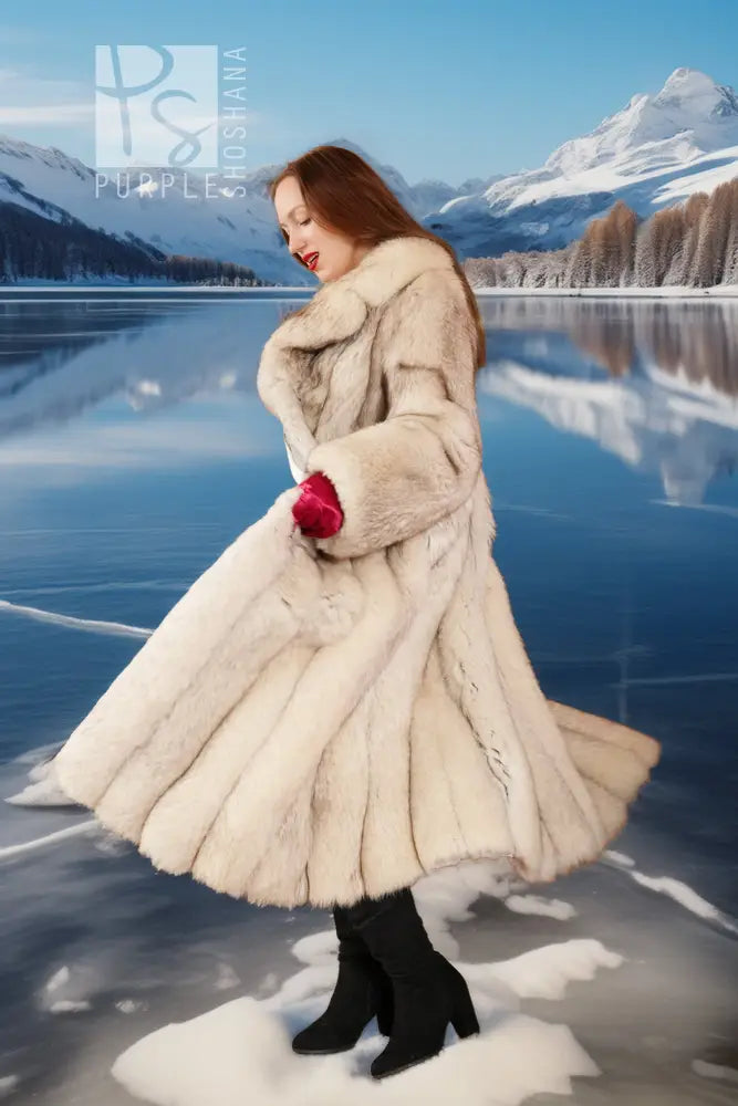 Cream faux-fur full-length coat with notched collar and long sleeves, side view.