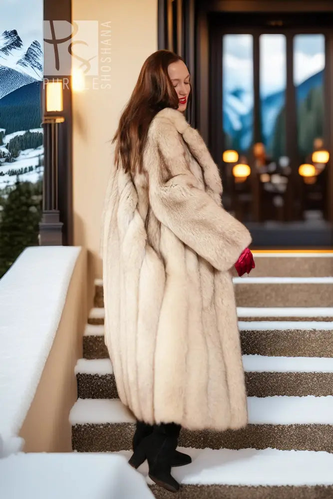 Cream faux-fur full-length coat with notched collar and long sleeves, three-quarter view.